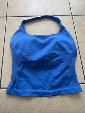 Electric blue halter backless gym top with built in bra